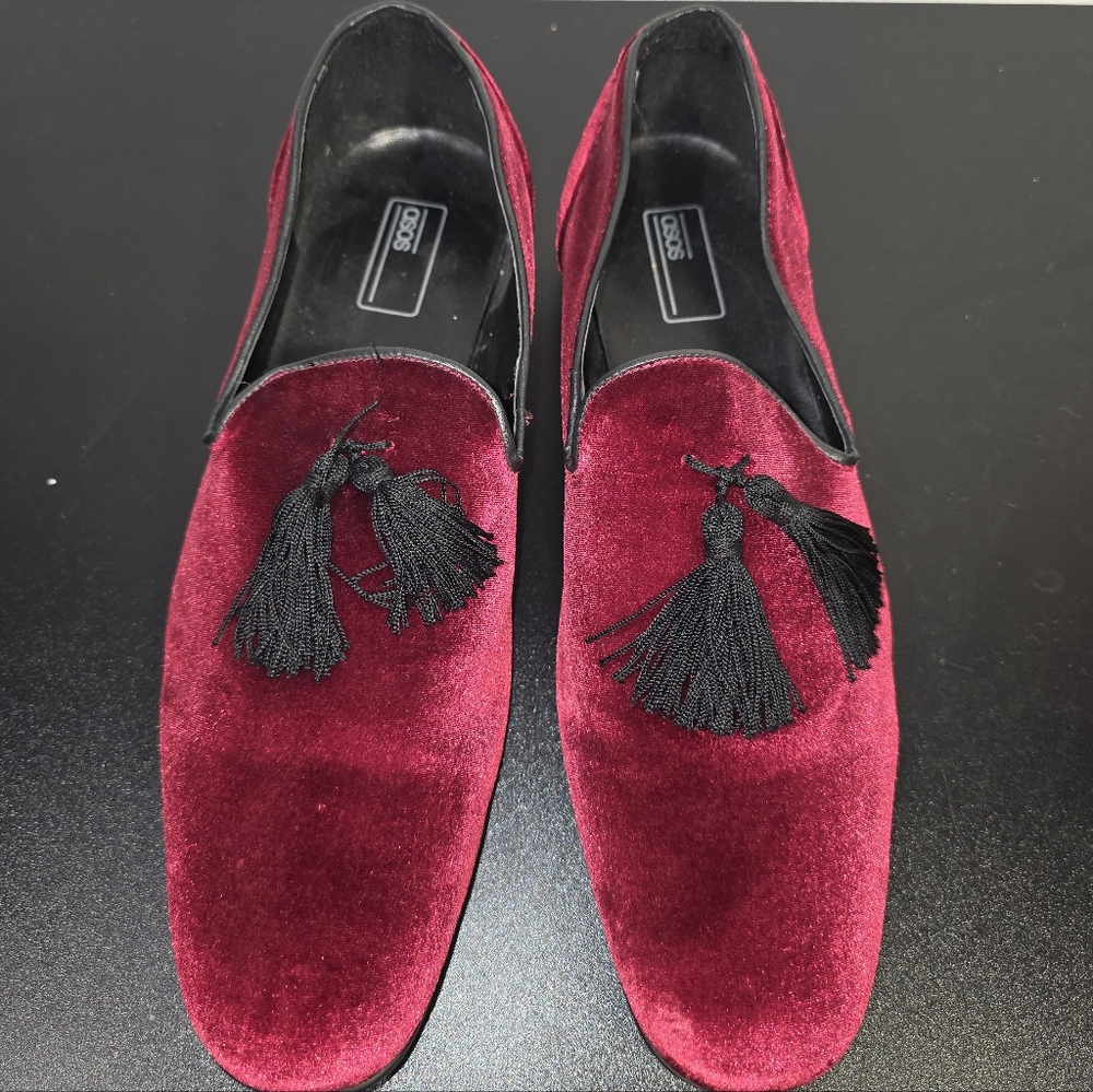 ASOS Velvet Loafers in Deep Red with Black Tassels